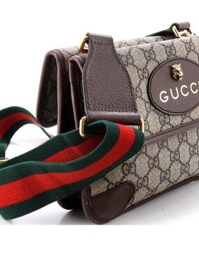 Gucci Beige GG Canvas Shoulder Bag with Brown Trim and Green & Red Web Strap